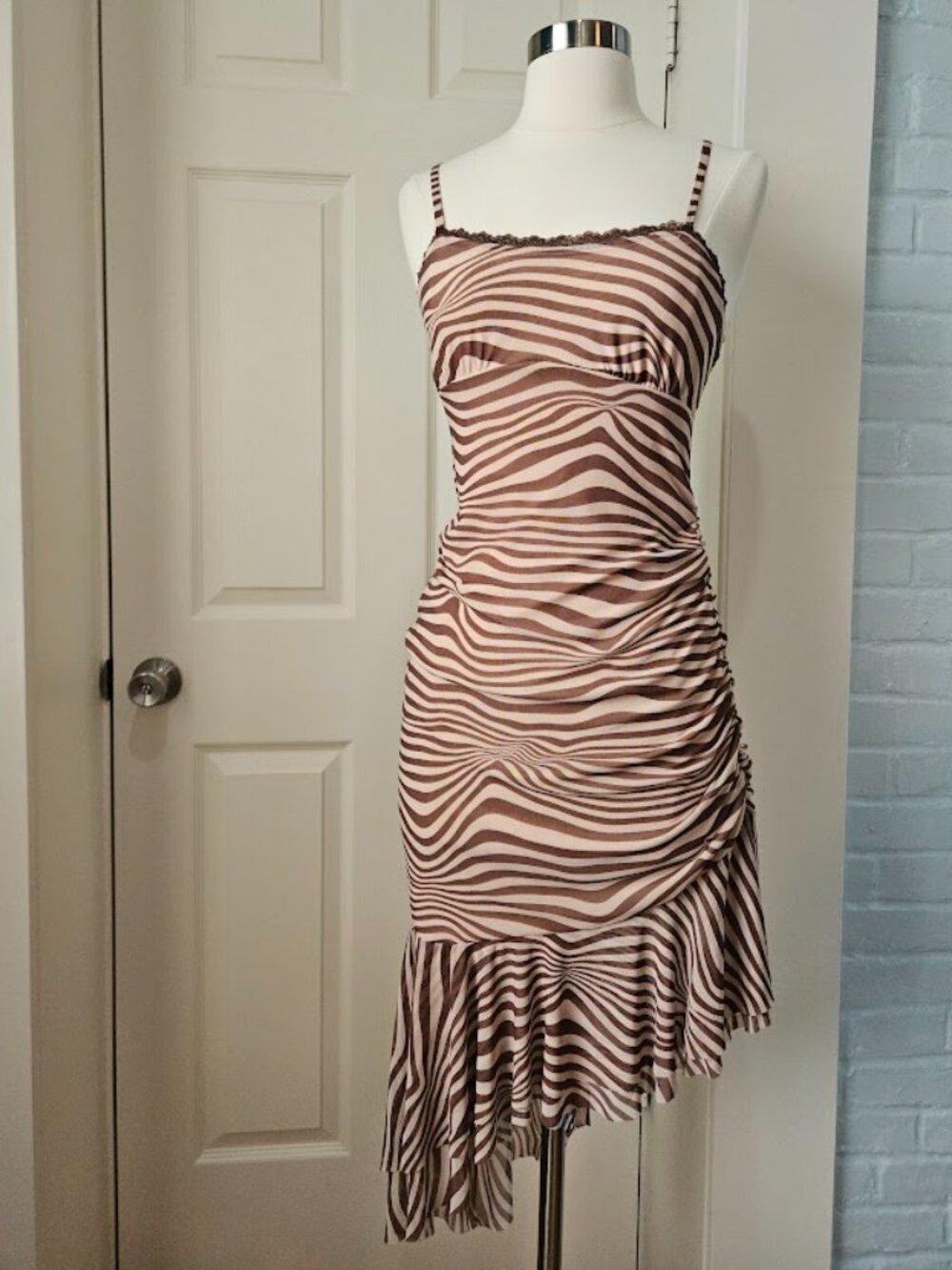 Wild Fable Brown Zebra Animal Print Asymmetrical Lace Bodycon Mini Groovy Dress